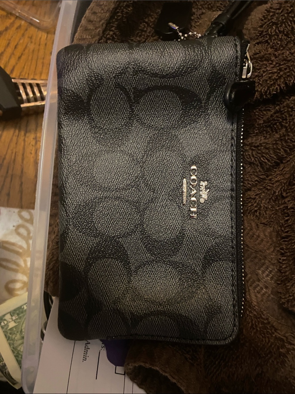 Coach Black Signature Leather Wristlet with Silver Logo